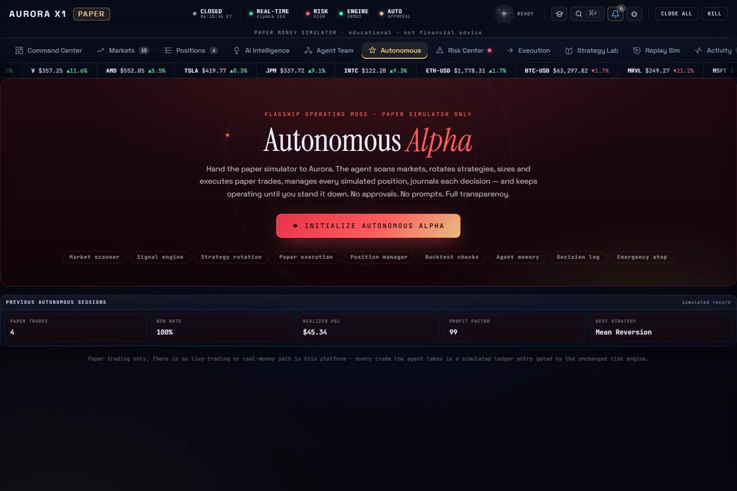 Autonomous Alpha Mode running inside the workstation — the crimson command theme with the agent operating the paper book